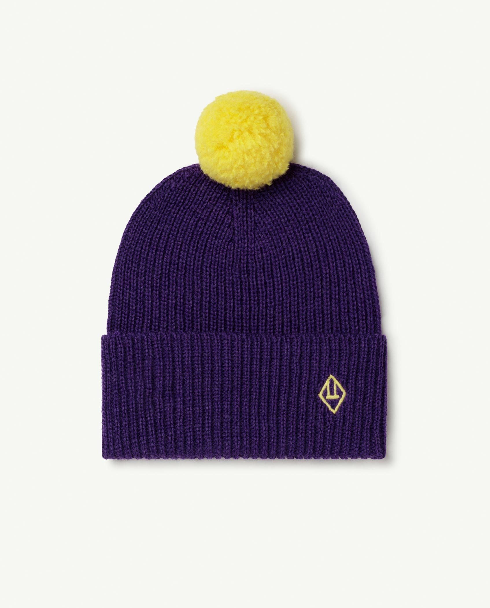 Yellow Purple Stocking Cap Ridged Purple And Yellow Pom Beanie