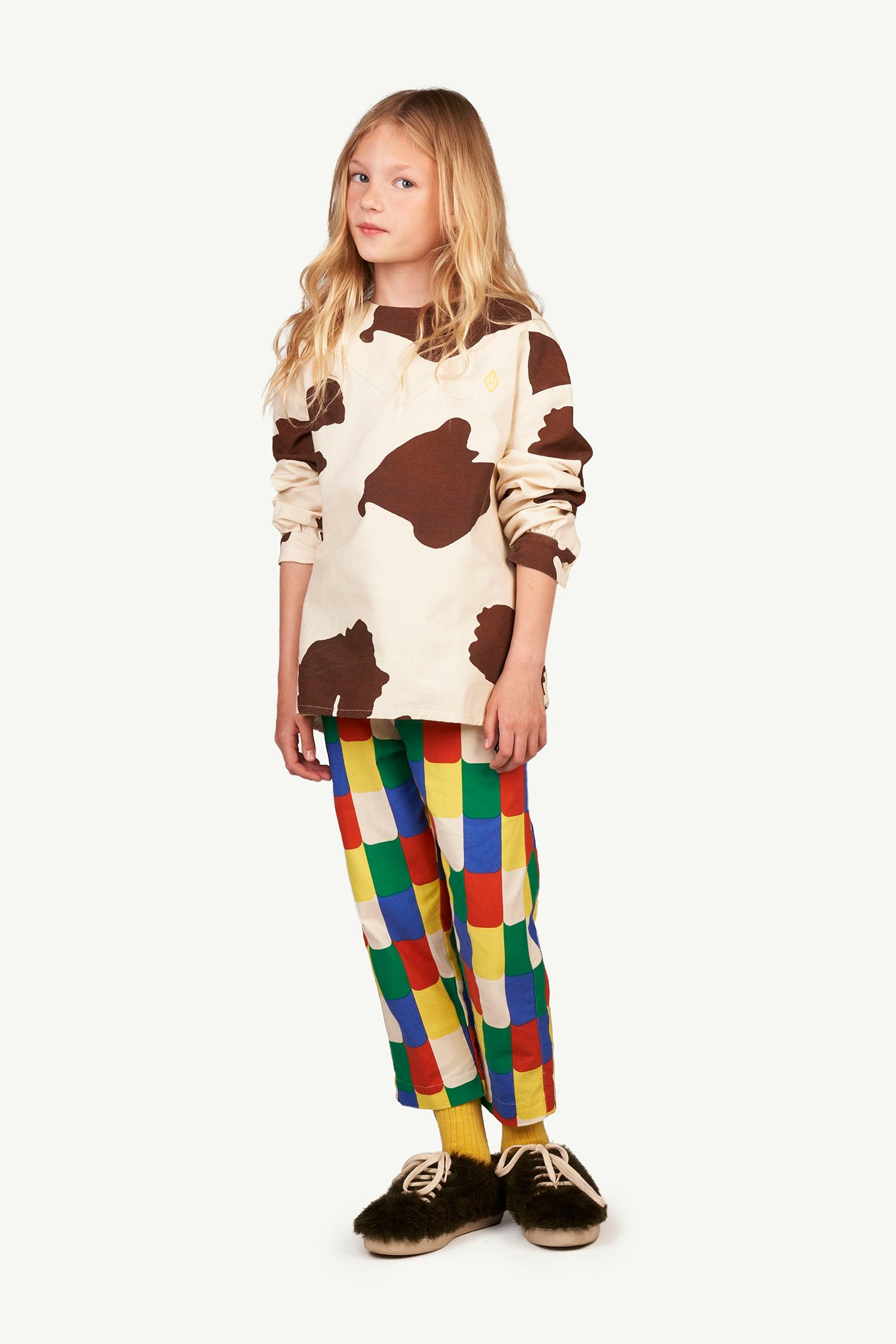 White Multicolor Camel Trousers MODEL FRONT