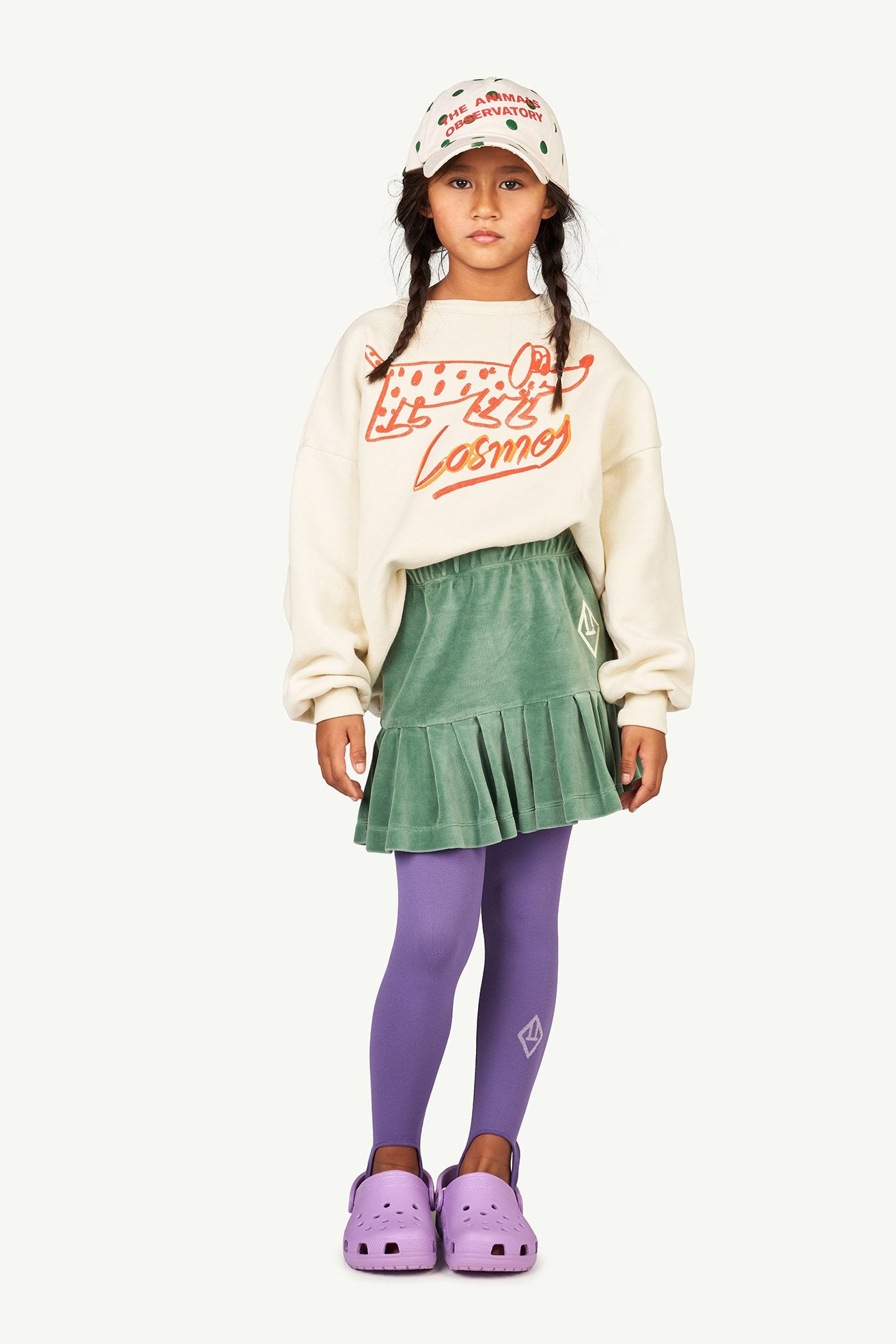 Green Velvet Bird Kids Skirt MODEL FRONT