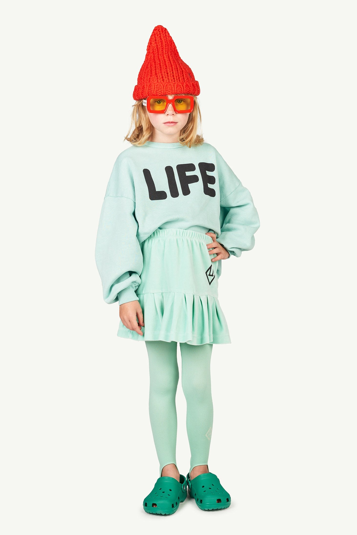 Turquoise Velvet Bird Kids Skirt MODEL FRONT