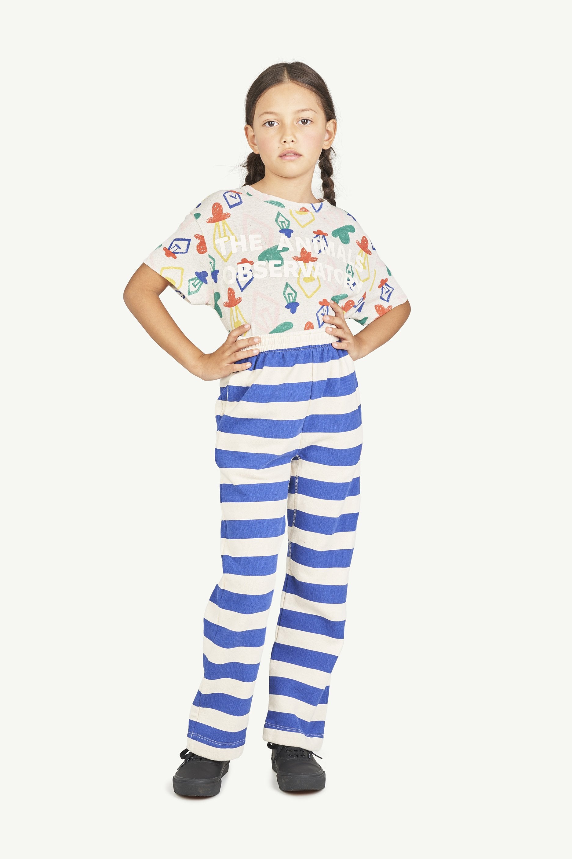 Recycled Raw White Blue Stripes Camaleon Pants MODEL FRONT
