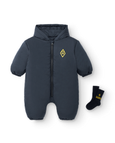 Navy Bumblebee Baby Snowsuit MODEL FRONT