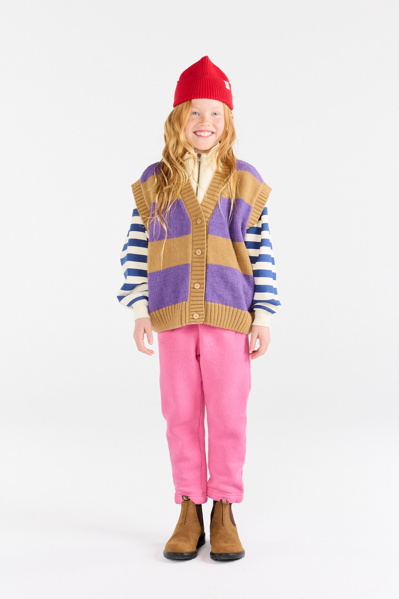 Stripes Beige Blobfish Cardigan Vest MODEL FRONT