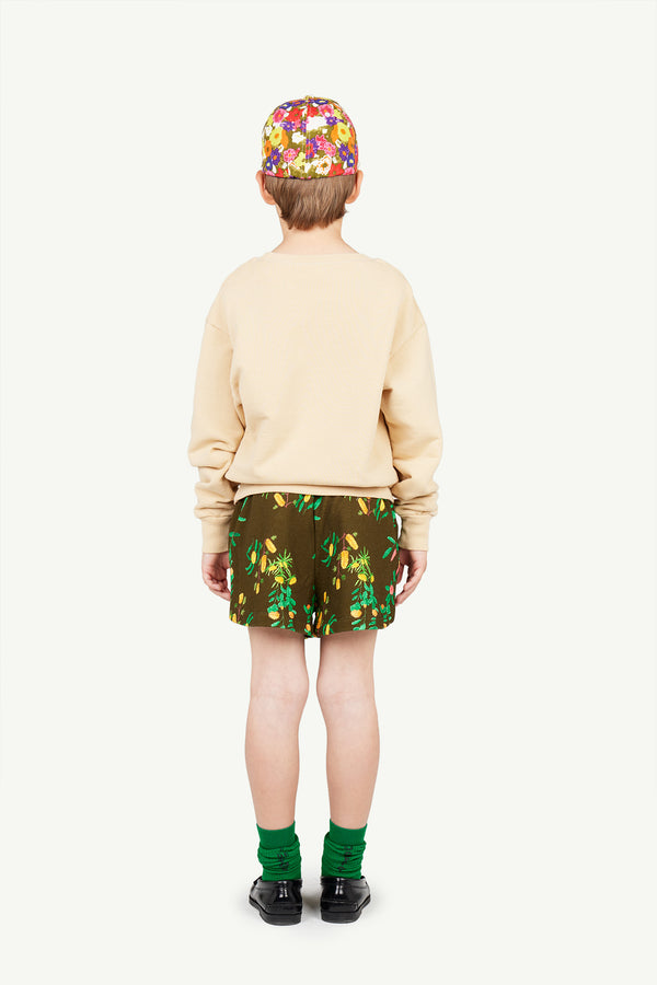 Image of a kid dressed in The Animals Observatory. The outfit consists of a cap, a sweatshirt, printed shorts, and green socks. The image shows the outfit from the back.