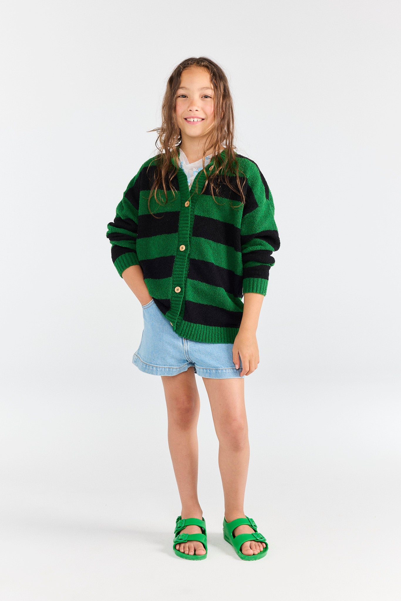 Striped Green Toucan Cardigan MODEL FRONT